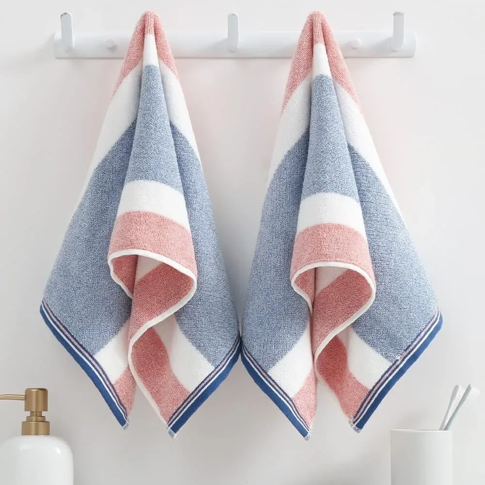 Striped Pattern Hand Towel Set of 2 100% Cotton Terry Soft 13 x 29in Pink & Blue